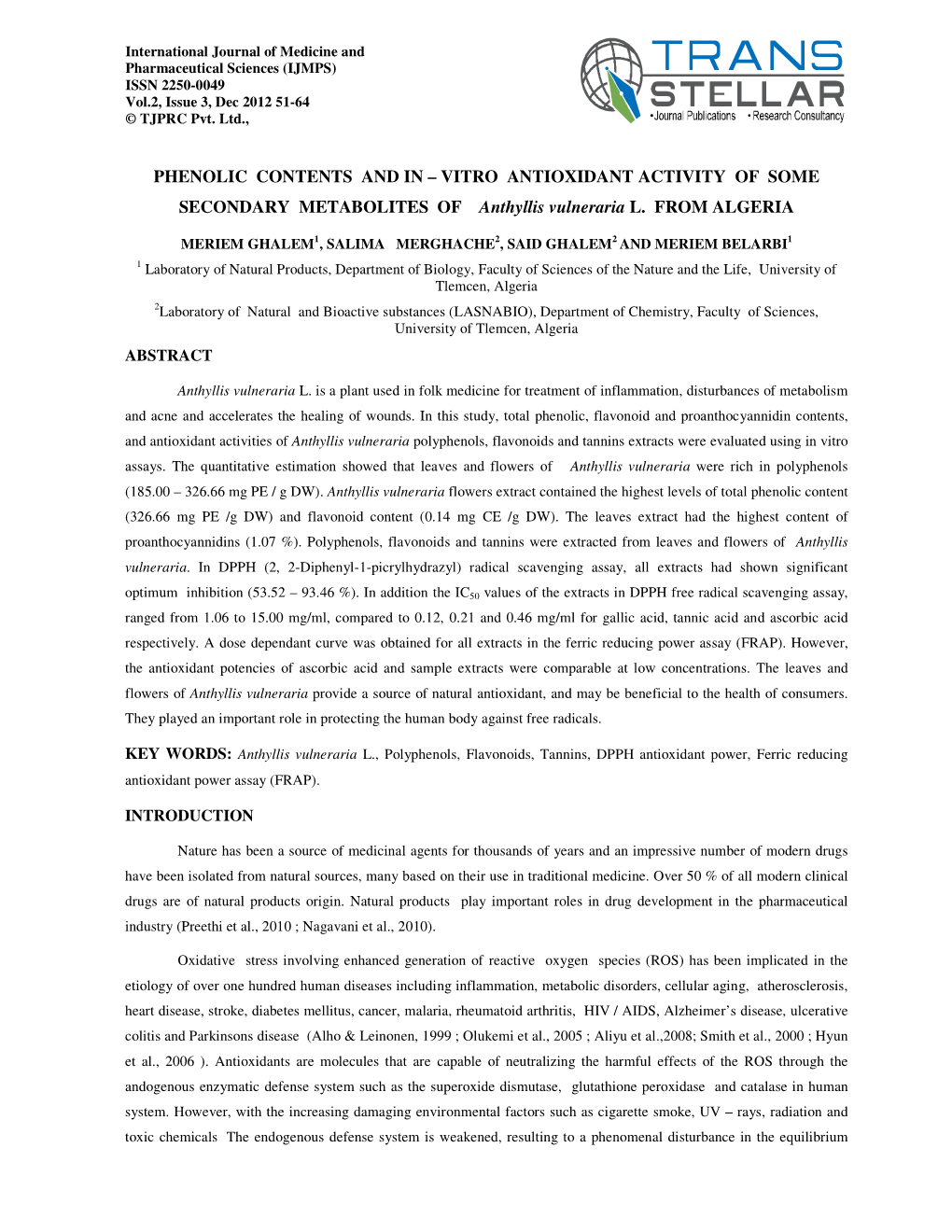 VITRO ANTIOXIDANT ACTIVITY of SOME SECONDARY METABOLITES of Anthyllis Vulneraria L