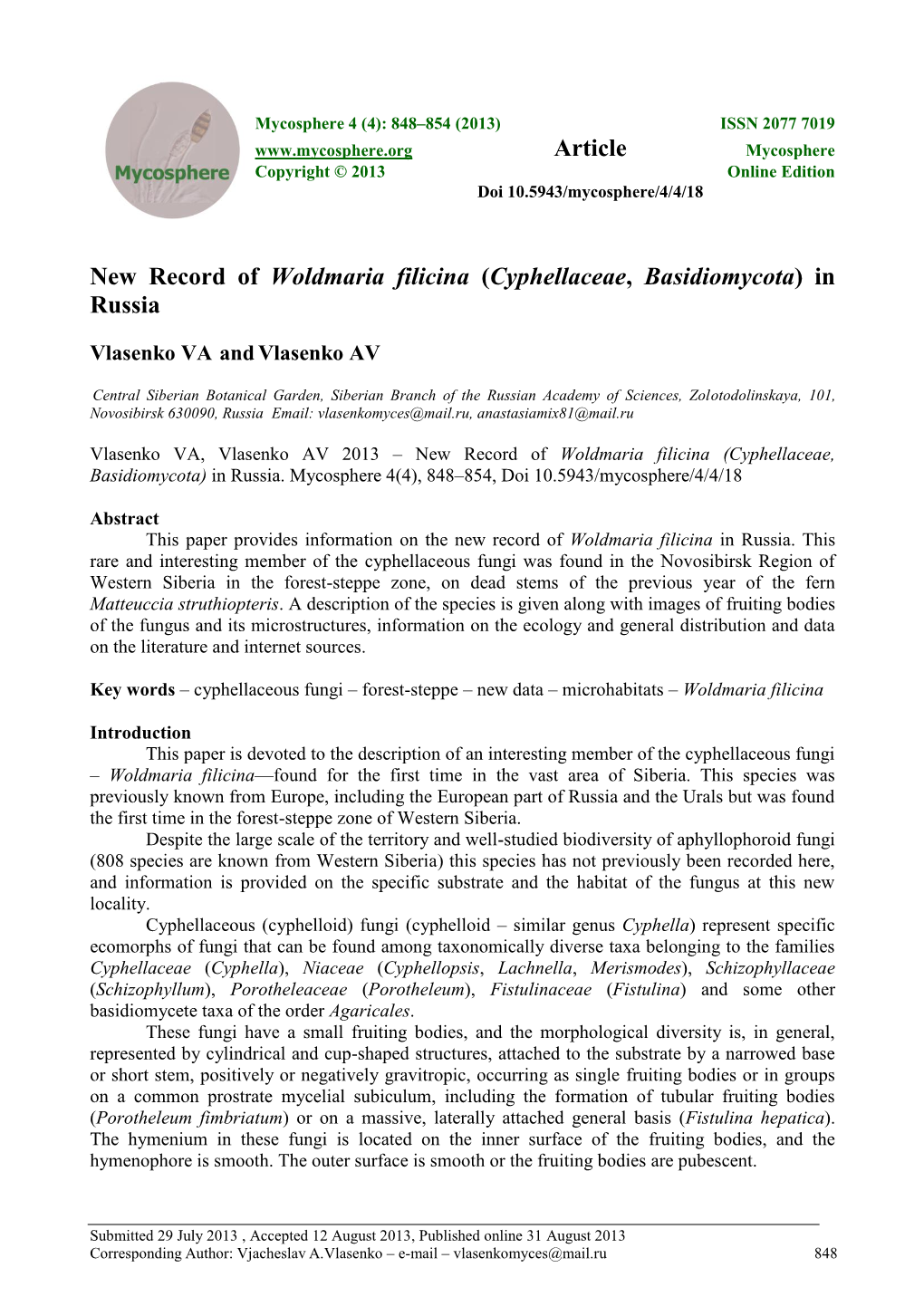 New Record of Woldmaria Filicina (Cyphellaceae, Basidiomycota) in Russia