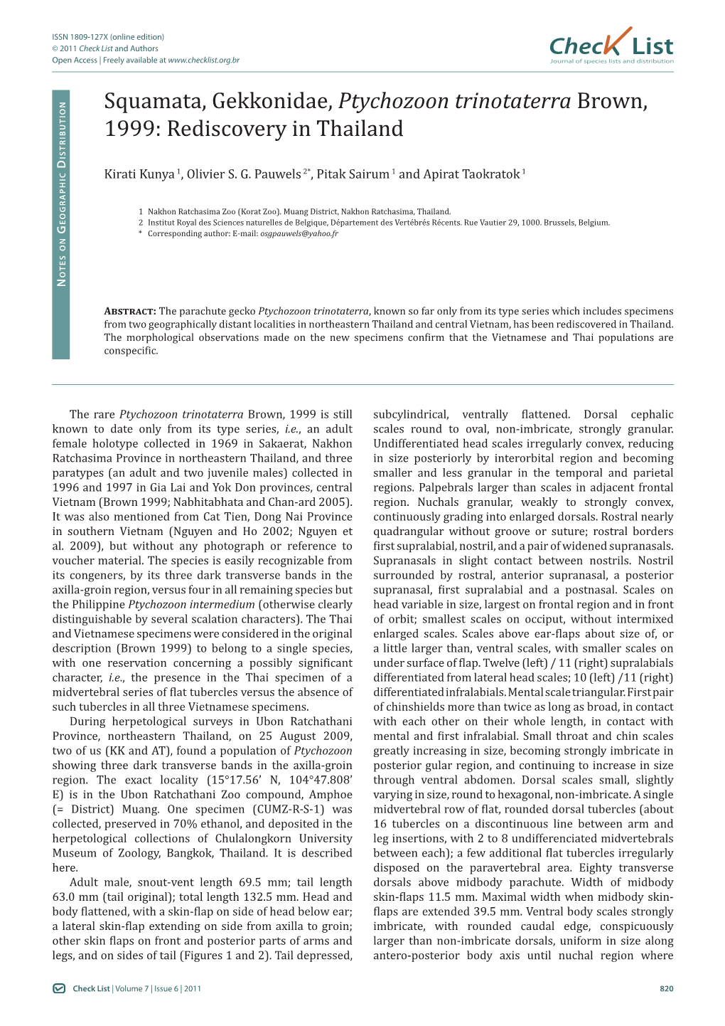 Ptychozoon Trinotaterra Brown, 1999: Rediscovery in Thailand Istributio