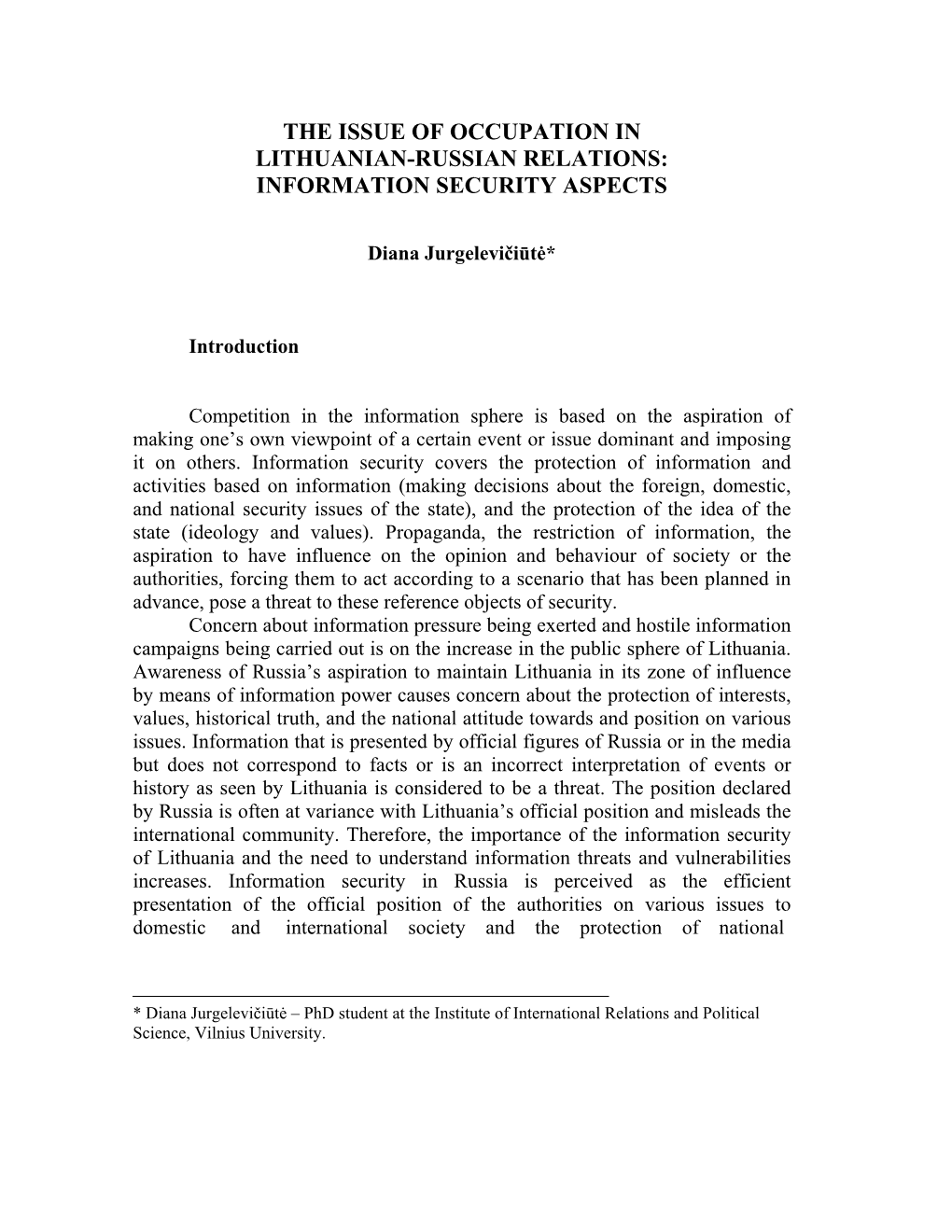 The Issue of Occupation in Lithuanian-Russian Relations: Information Security Aspects