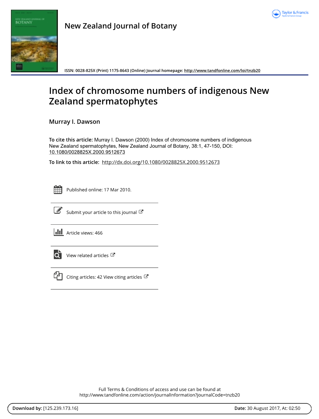 Index of Chromosome Numbers of Indigenous New Zealand Spermatophytes