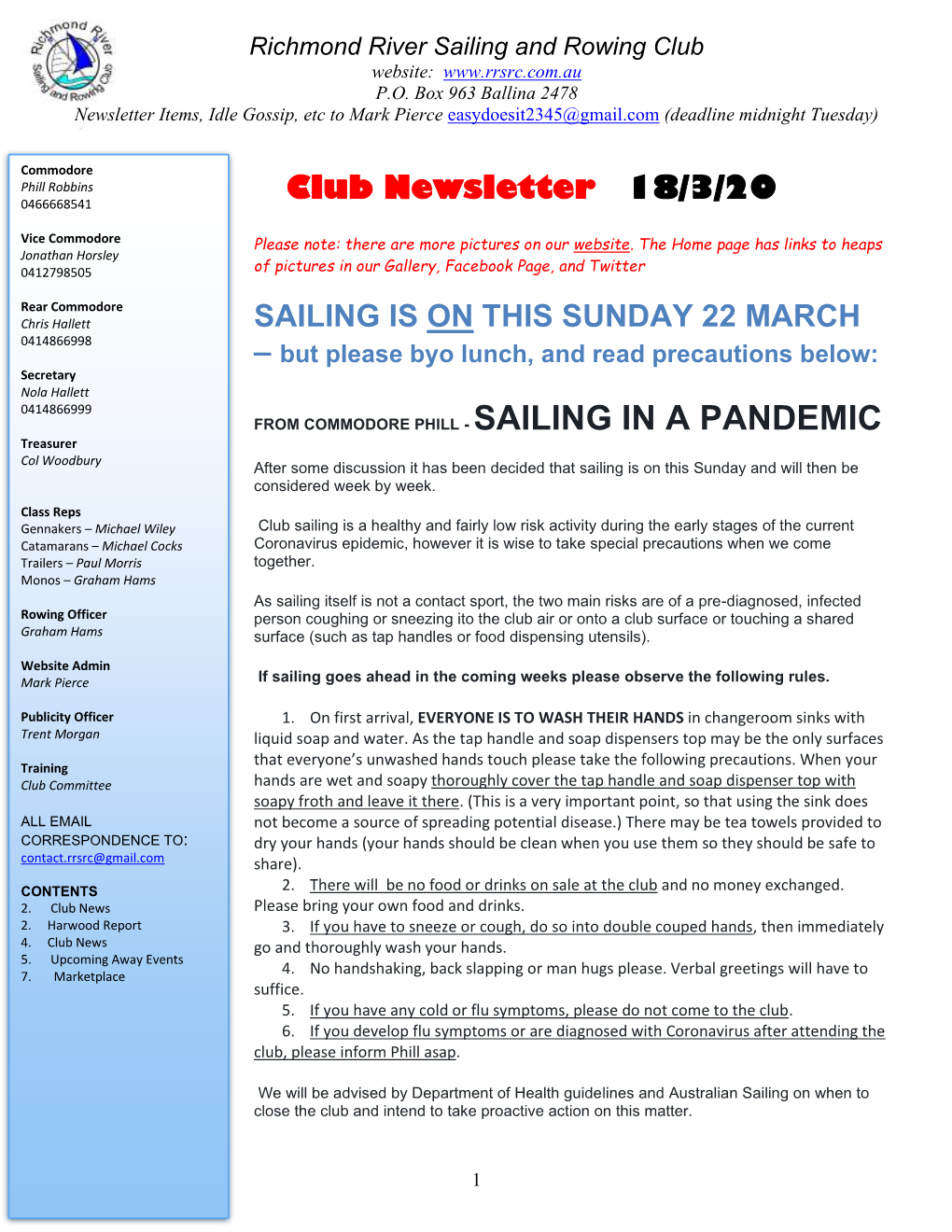 Club Newsletter 18/3/20 SAILING IS on THIS SUNDAY 22 MARCH