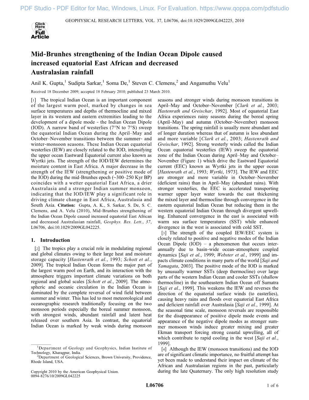 Mid‐Brunhes Strengthening of the Indian Ocean Dipole Caused Increased Equatorial East African and Decreased Australasian Rainfall Anil K