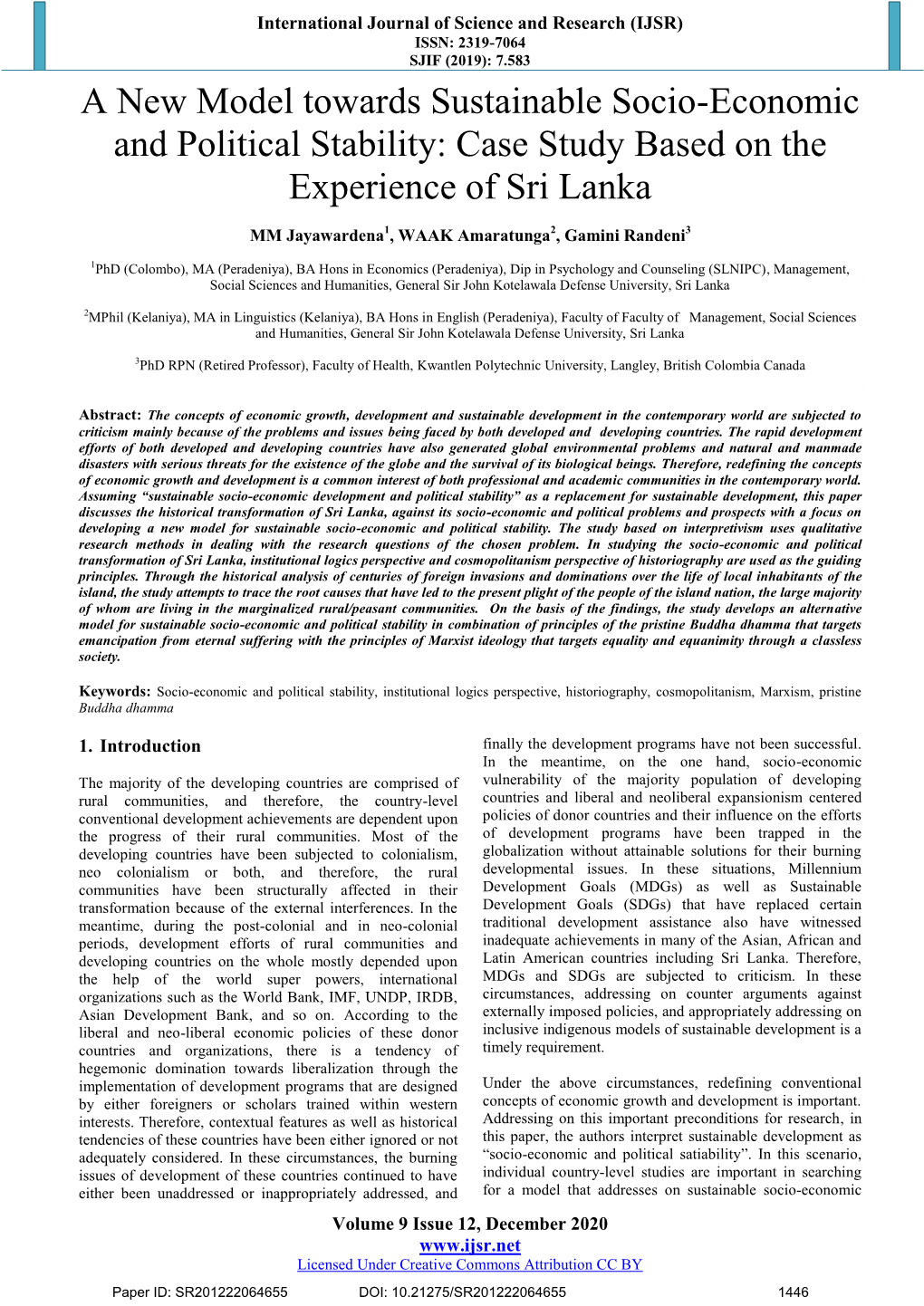 A New Model Towards Sustainable Socio-Economic and Political Stability: Case Study Based on the Experience of Sri Lanka