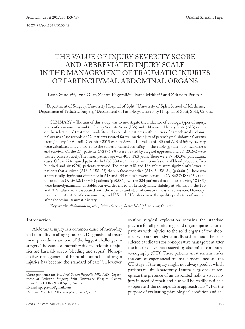 The Value of Injury Severity Score and Abbreviated Injury Scale in the Management of Traumatic Injuries of Parenchymal Abdominal Organs