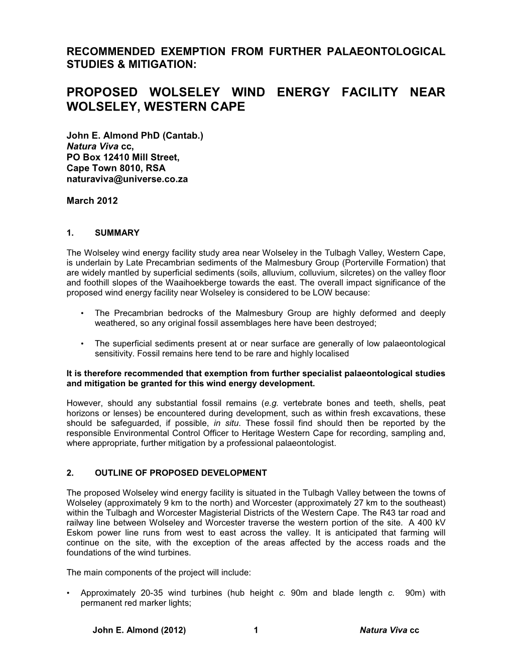 Wolseley Wind Farm Paleo Specialist Scoping Report Needs Final Check by MN