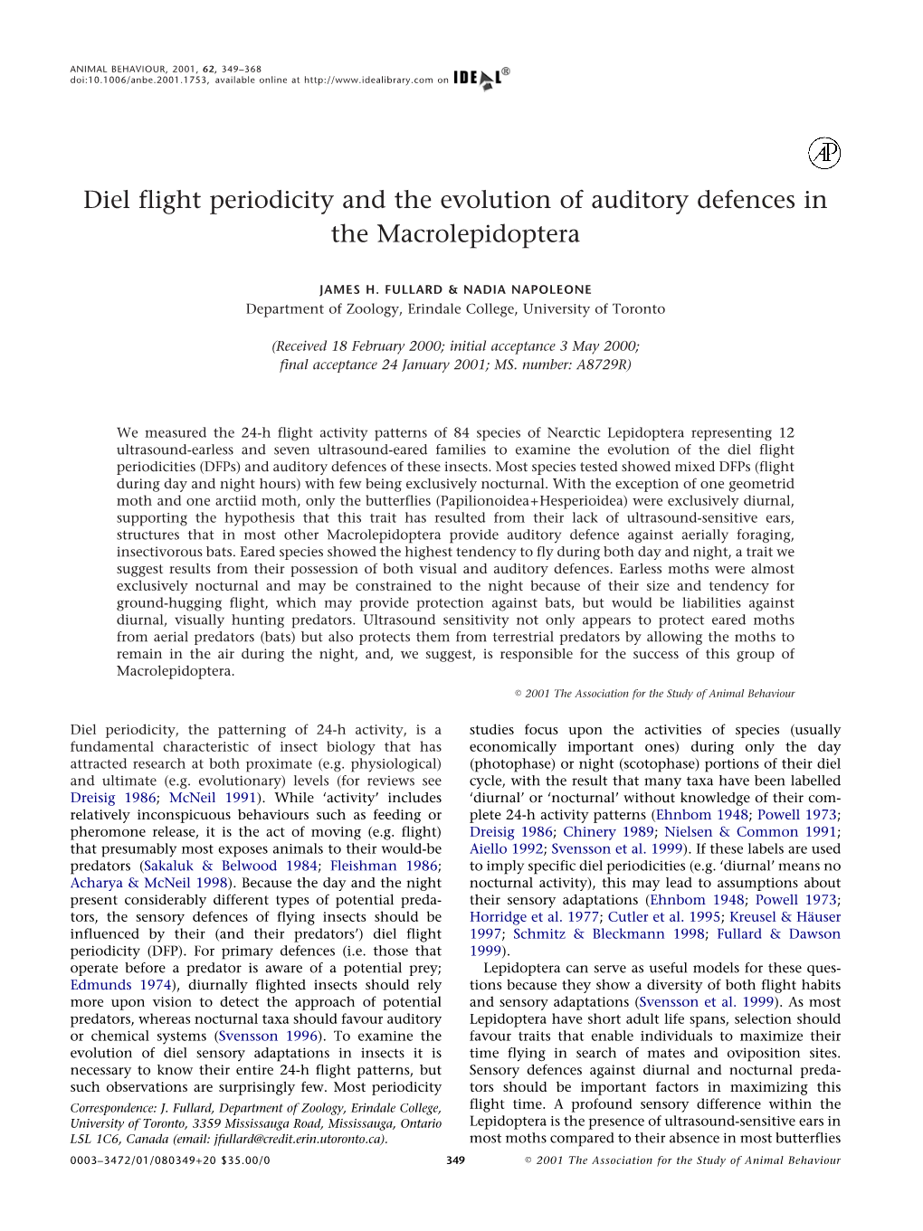 Diel Flight Periodicity and the Evolution of Auditory Defences in the Macrolepidoptera