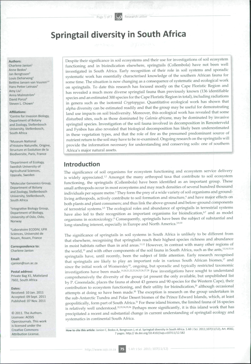 Springtail Diversity in South Africa