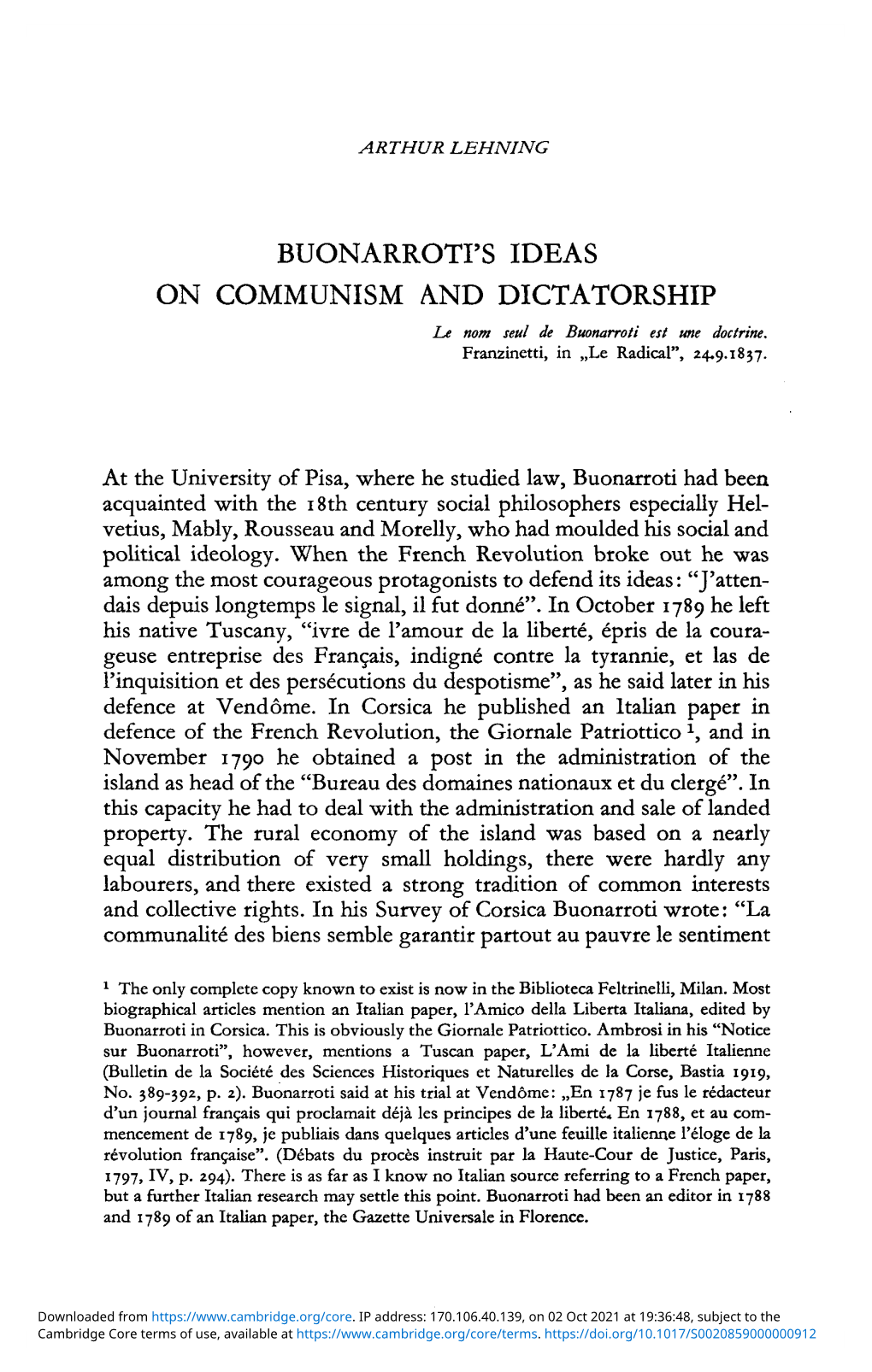 BUONARROTI's IDEAS on COMMUNISM and DICTATORSHIP Le Nom Seul De Buonarroti Est Une Doctrine