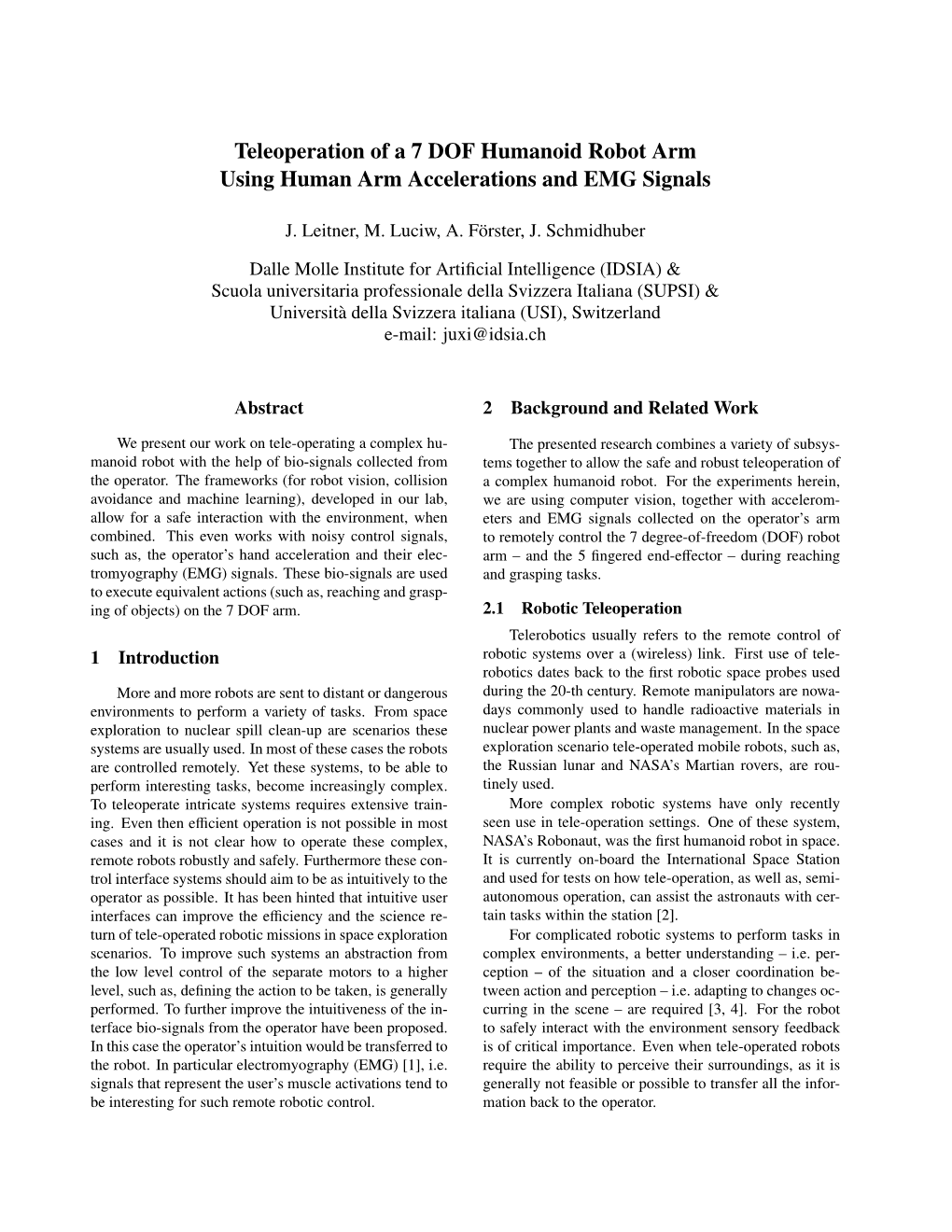 Teleoperation of a 7 DOF Humanoid Robot Arm Using Human Arm Accelerations and EMG Signals