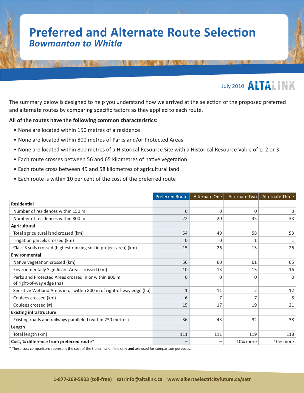 Preferred and Alternate Routes by Comparing Specific Factors As They Applied to Each Route