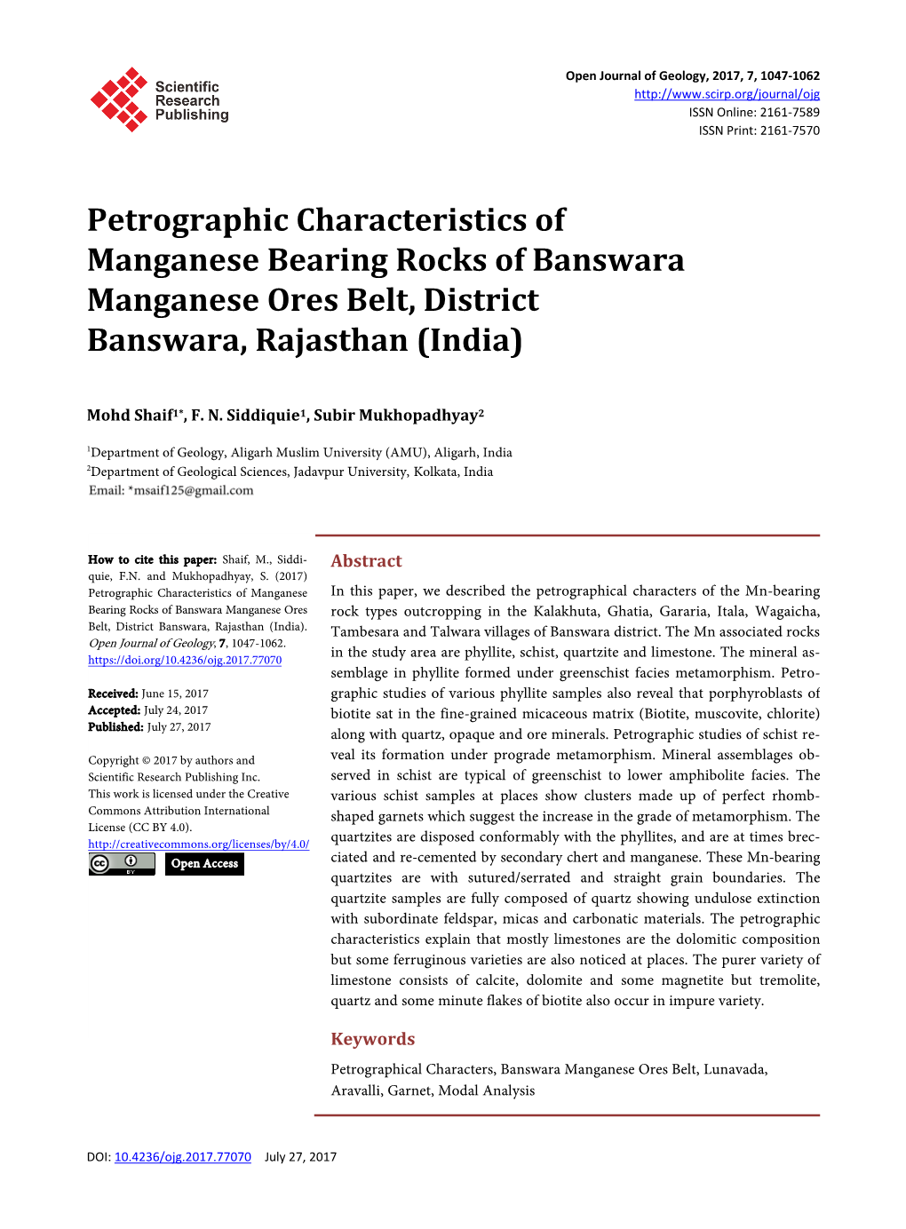 Petrographic Characteristics of Manganese Bearing Rocks of Banswara Manganese Ores Belt, District Banswara, Rajasthan (India)