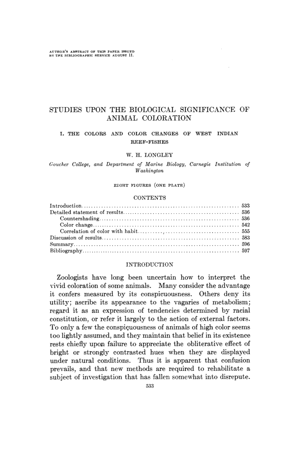 Studies Upon the Biological Significance of Animal Coloration. I