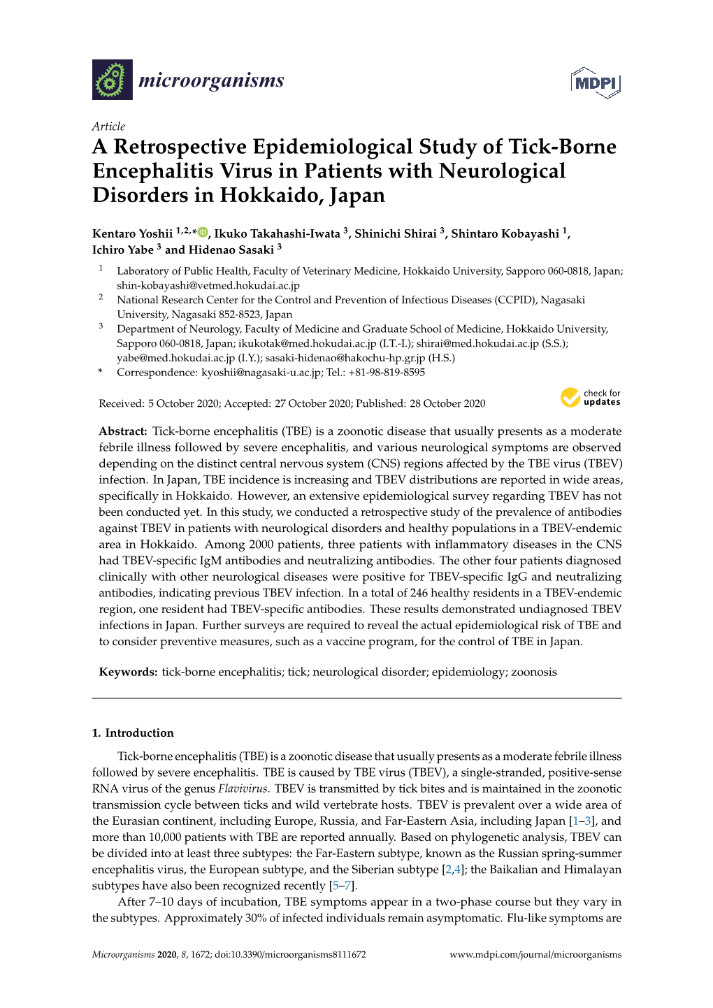 A Retrospective Epidemiological Study of Tick-Borne Encephalitis Virus in Patients with Neurological Disorders in Hokkaido, Japan