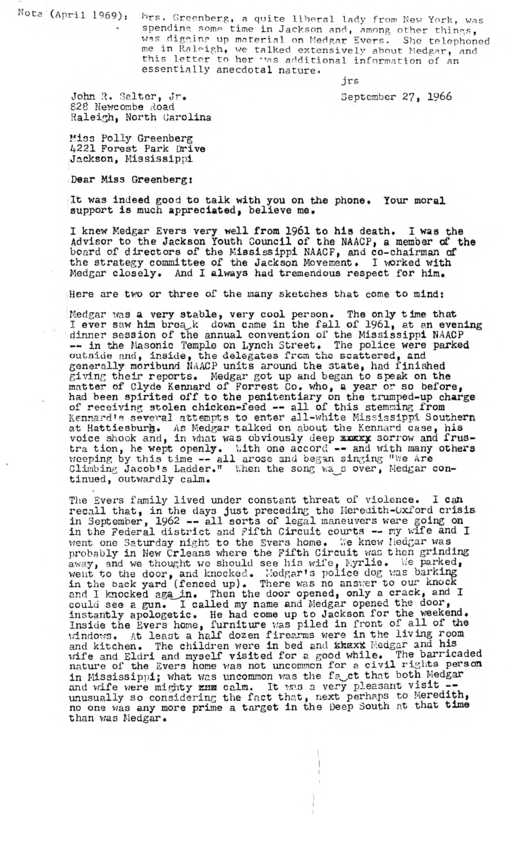 Letter to Polly Greenberg Re Medgar Evers, September 1966