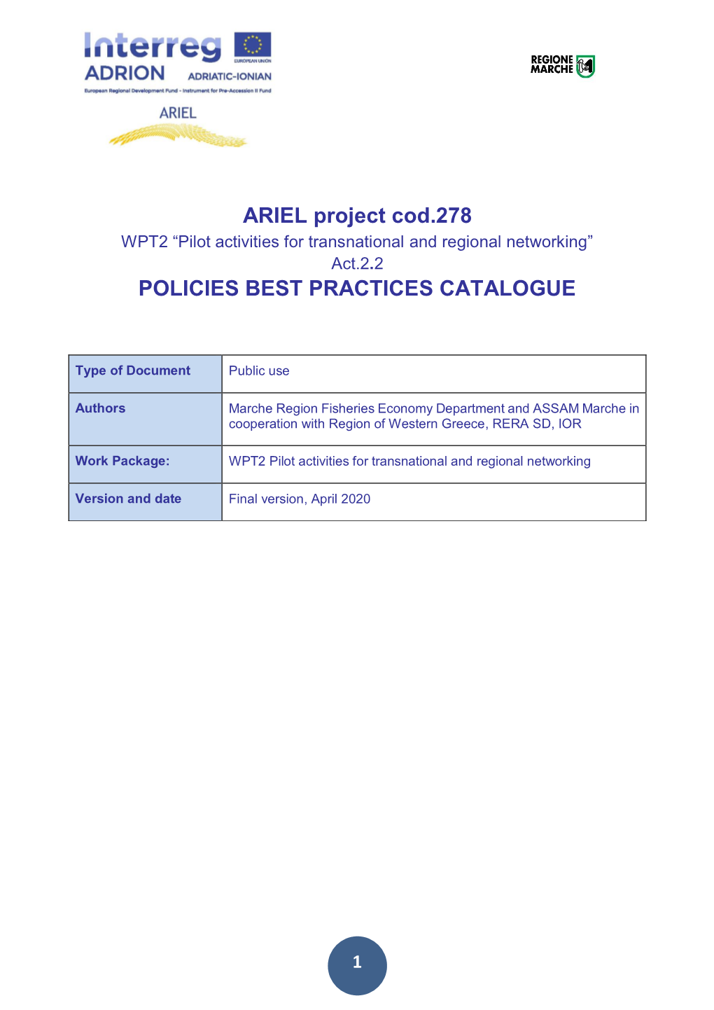 ARIEL Project Cod.278 POLICIES BEST PRACTICES CATALOGUE