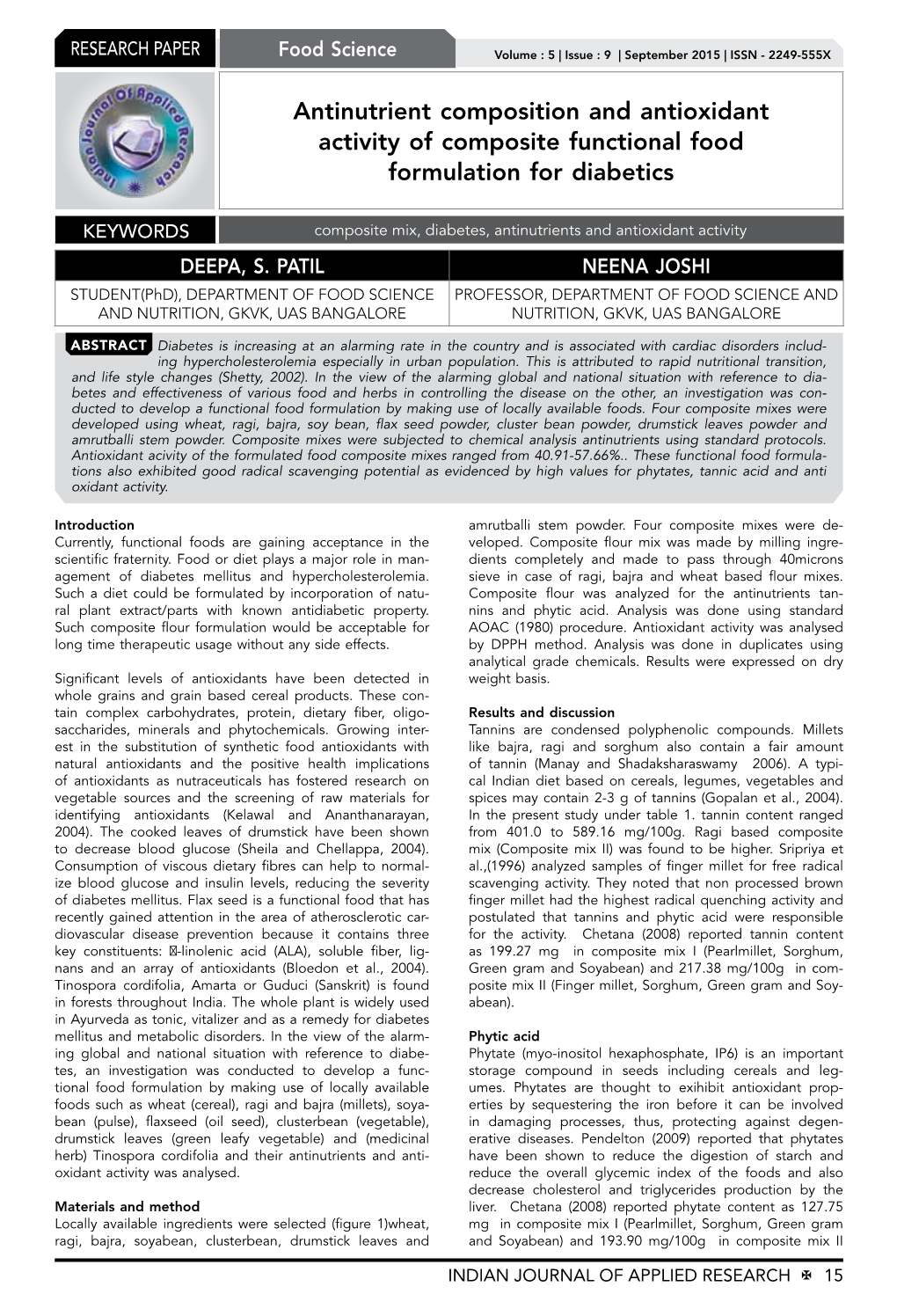 Antinutrient Composition and Antioxidant Activity of Composite Functional Food Formulation for Diabetics