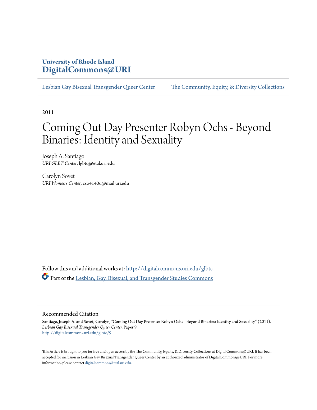 Coming out Day Presenter Robyn Ochs - Beyond Binaries: Identity and Sexuality Joseph A