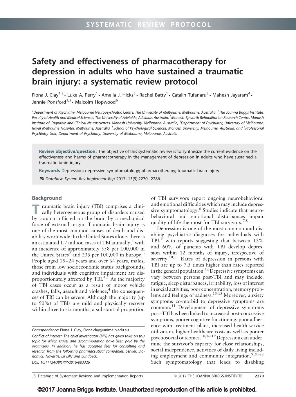 Safety and Effectiveness of Pharmacotherapy for Depression in Adults Who Have Sustained a Traumatic Brain Injury: a Systematic Review Protocol