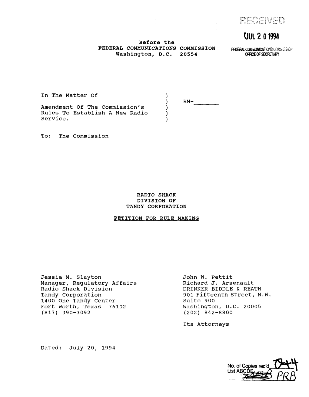 Rjul2 01994 Before the FEDERAL COMMUNICATIONS COMMISSION FEOERALC09J!L6unlcationscom;.4K;:;!I.Jli Washington, D.C