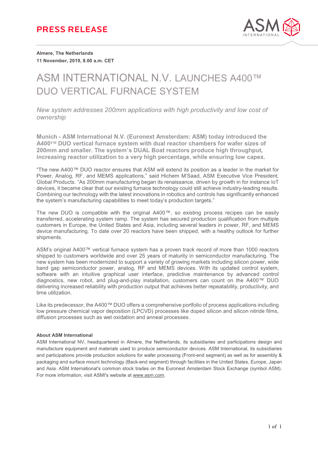 Asm International N.V. Launches A400™ Duo Vertical Furnace System