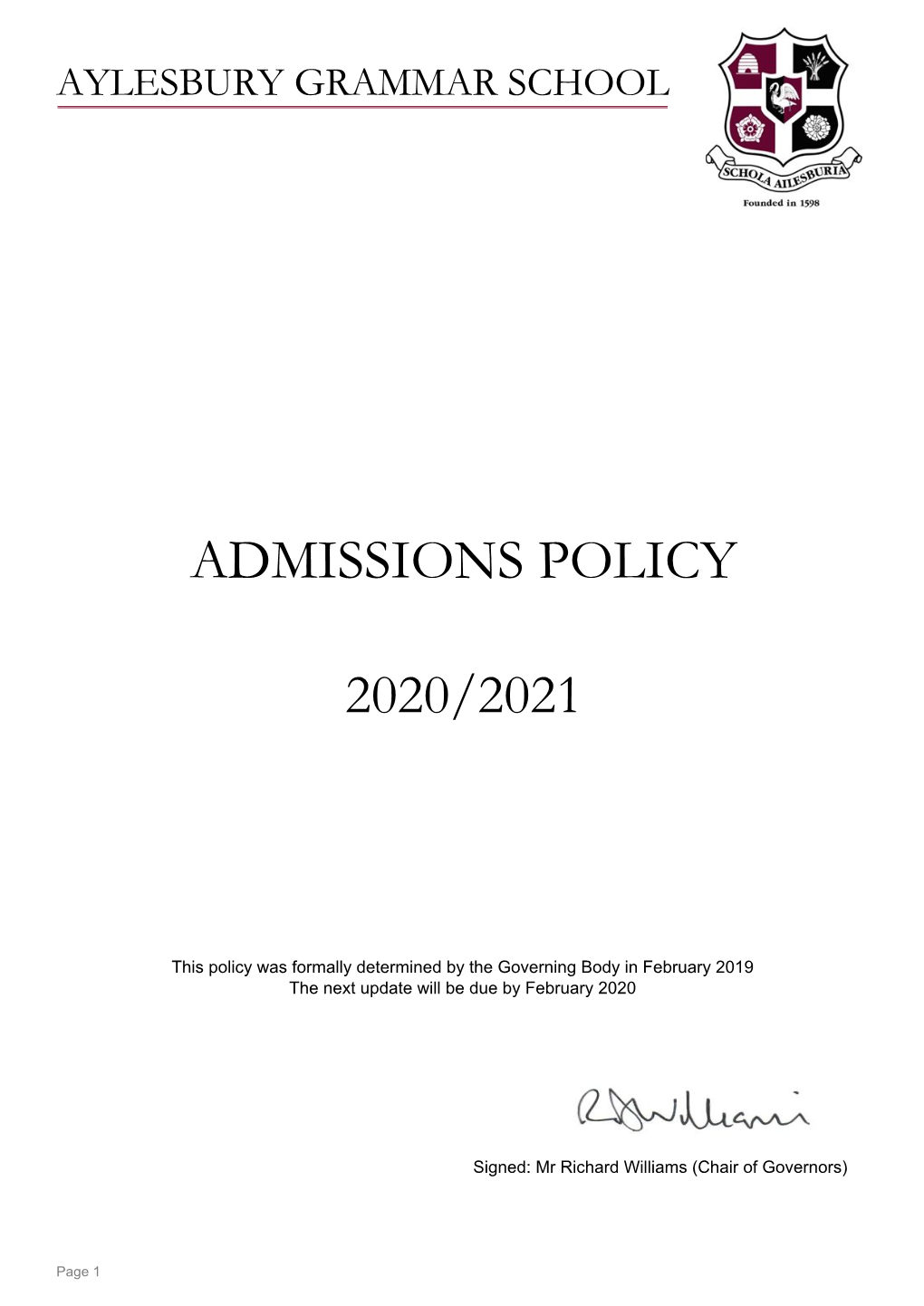 Admissions Policy 2020/2021