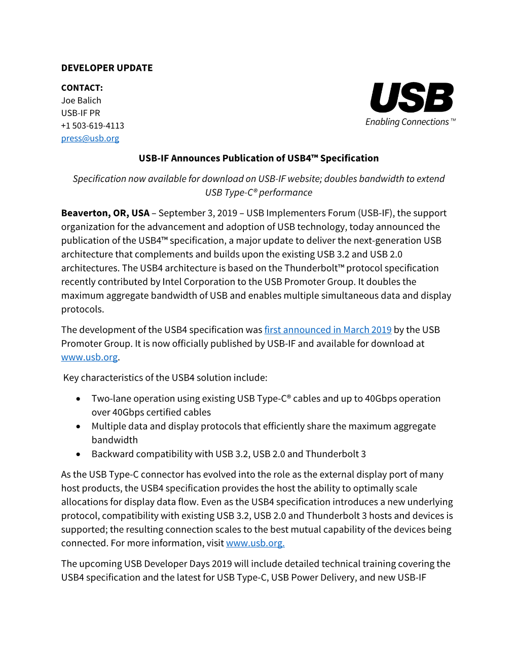 USB-IF Announces Publication of USB4™ Specification Specification Now Available for Download on USB-IF Website; Doubles Bandwidth to Extend USB Type-C® Performance