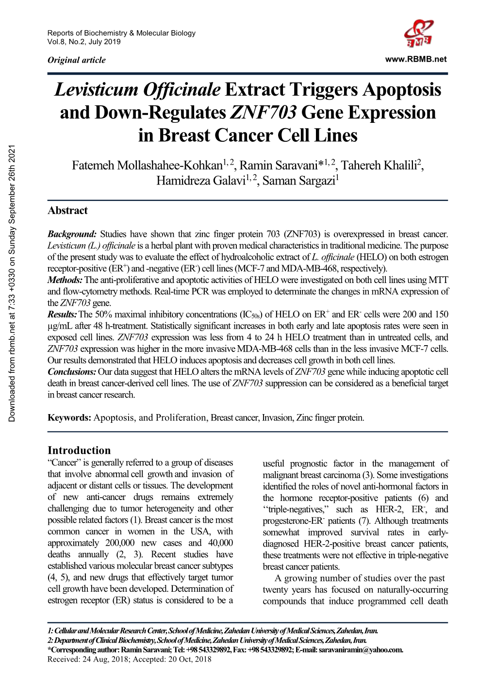 Levisticum Officinale Extract Triggers Apoptosis and Down-Regulates ZNF703 Gene Expression in Breast Cancer Cell Lines