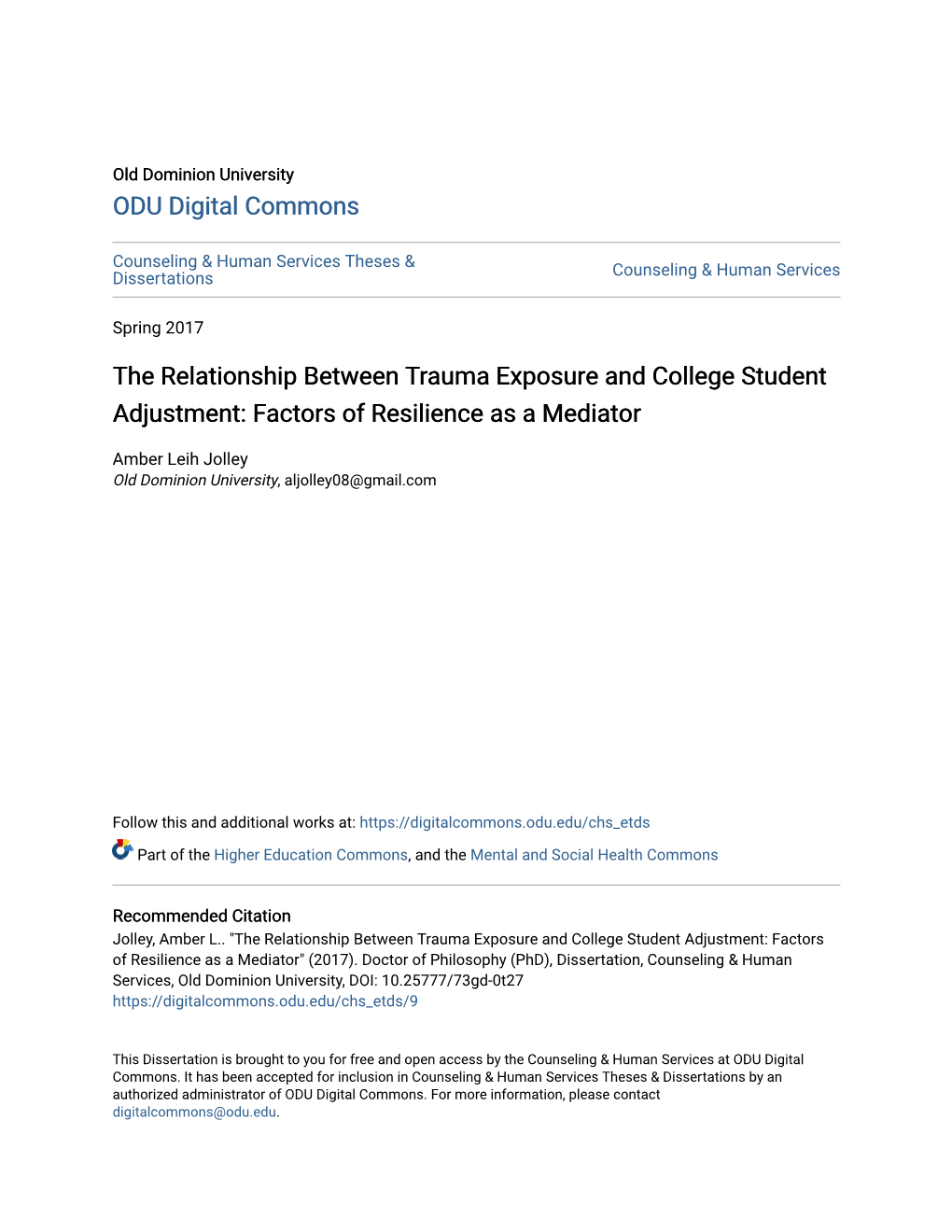 The Relationship Between Trauma Exposure and College Student Adjustment: Factors of Resilience As a Mediator