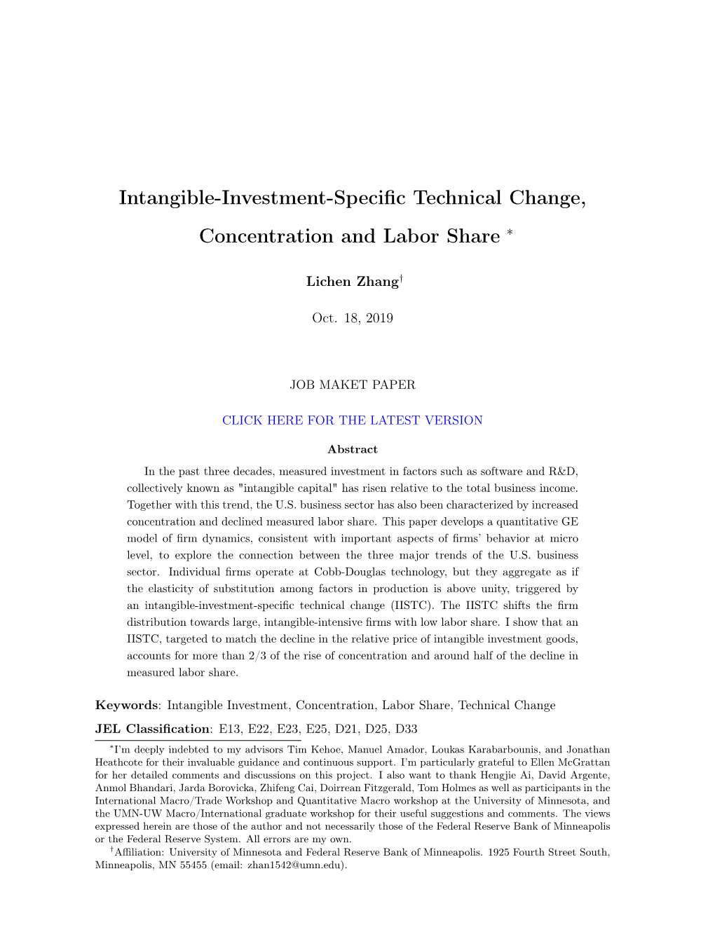 Intangible-Investment-Specific Technical Change, Concentration and Labor Share ∗