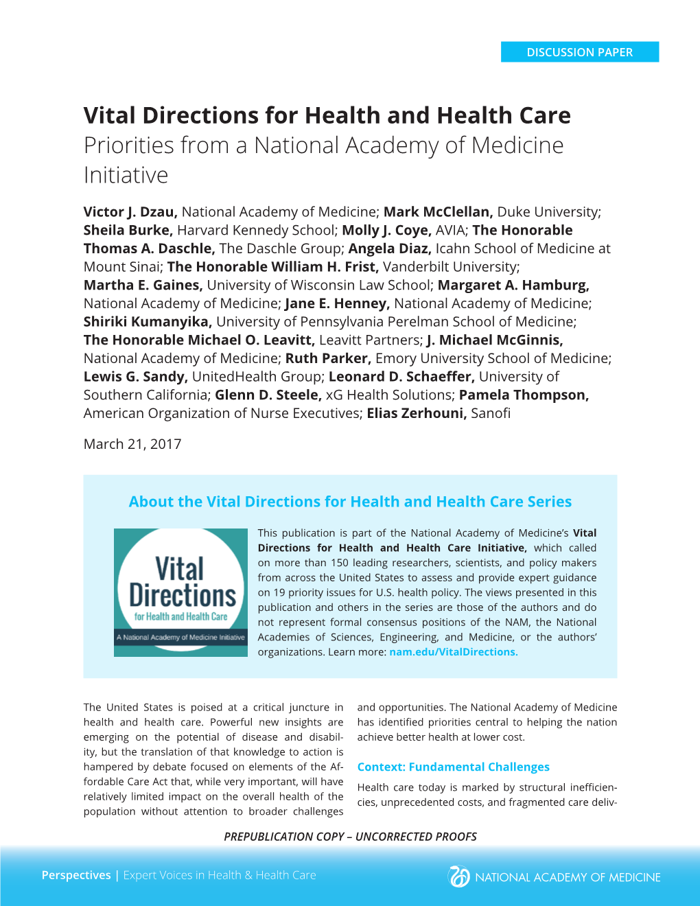 Vital Directions for Health and Health Care Priorities from a National Academy of Medicine Initiative