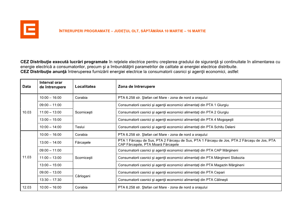 CEZ Distribuţie Execută Lucrări Programate În