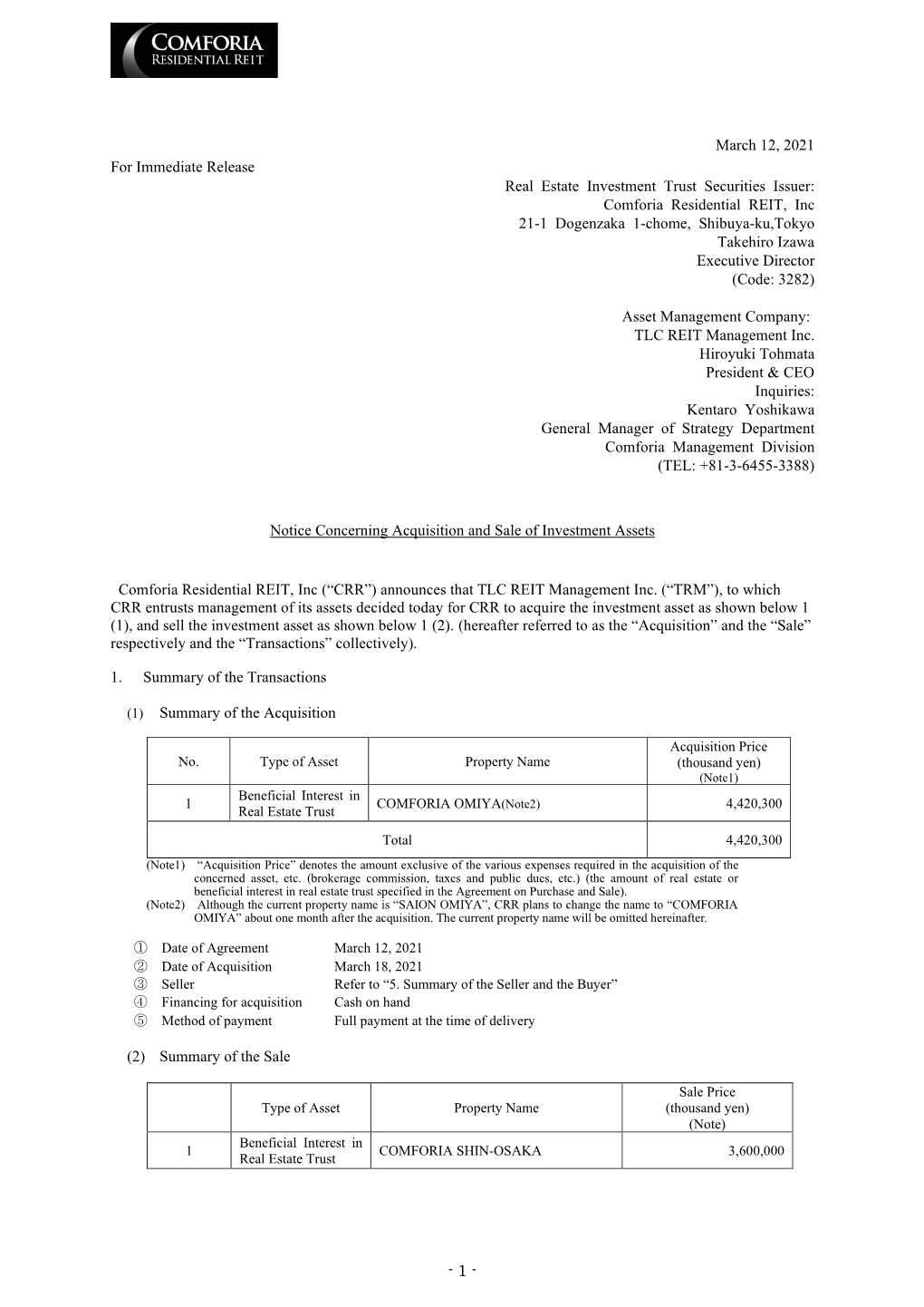 Comforia Residential REIT, Inc 21-1 Dogenzaka 1-Chome, Shibuya-Ku,Tokyo Takehiro Izawa Executive Director (Code: 3282)