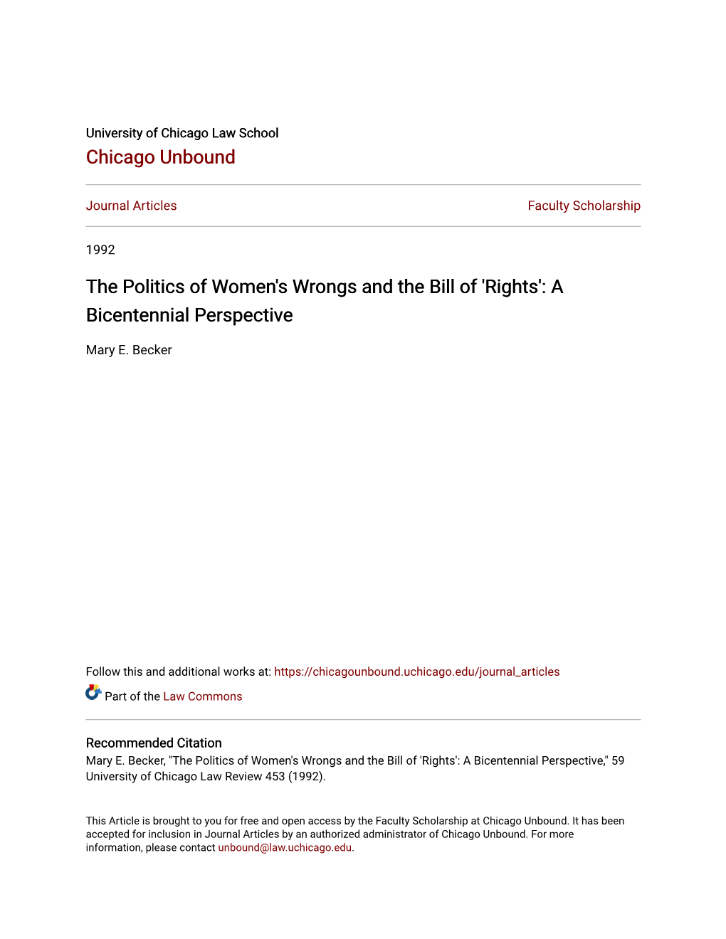 The Politics of Women's Wrongs and the Bill of 'Rights': a Bicentennial Perspective