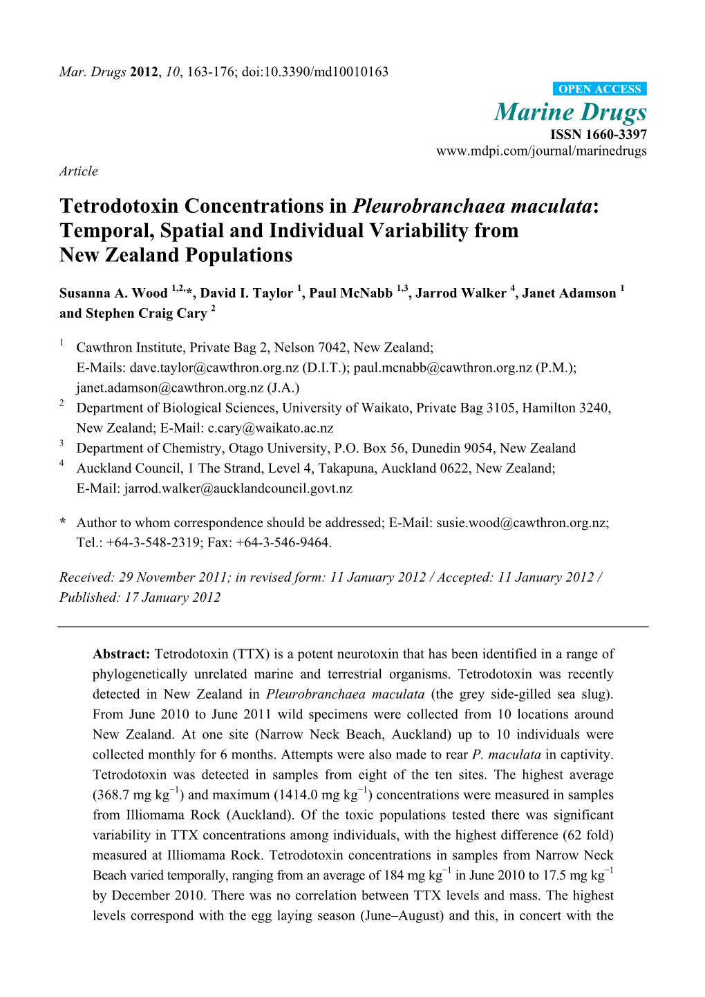 Tetrodotoxin Concentrations in Pleurobranchaea Maculata: Temporal, Spatial and Individual Variability from New Zealand Populations