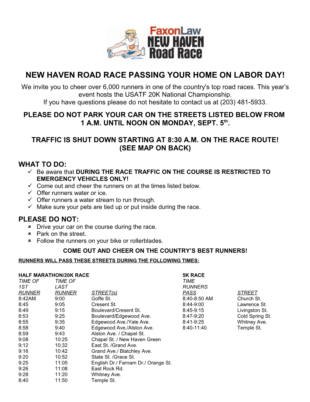 New Haven Road Race Passing Your Home on Labor Day!