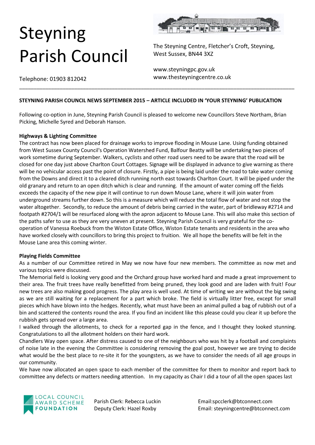 Steyning Parish Council News September 2015 – Article Included in ‘Your Steyning’ Publication