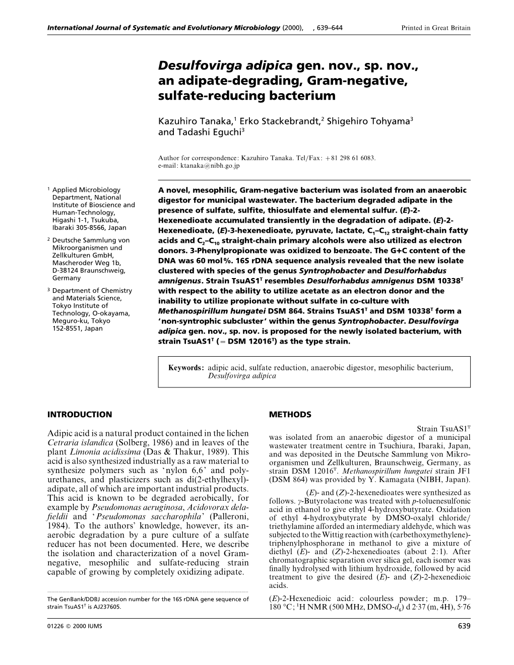 Desulfovirga Adipica Gen. Nov., Sp. Nov., an Adipate-Degrading, Gram-Negative, Sulfate-Reducing Bacterium