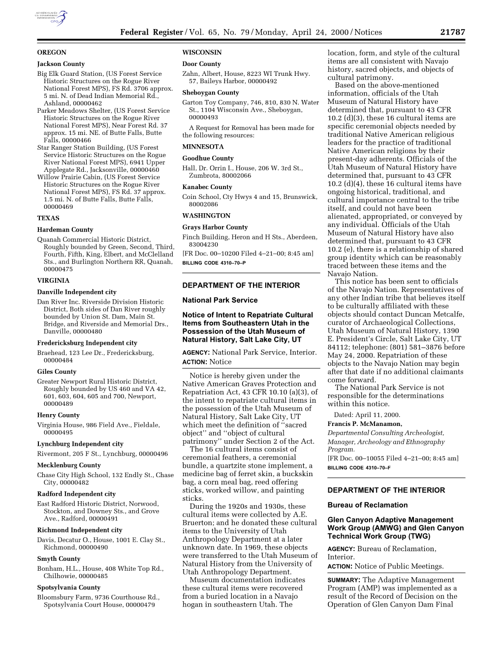 Federal Register/Vol. 65, No. 79/Monday, April 24, 2000/Notices