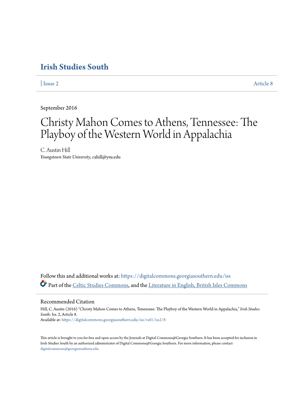 Christy Mahon Comes to Athens, Tennessee: the Playboy of the Western World in Appalachia C