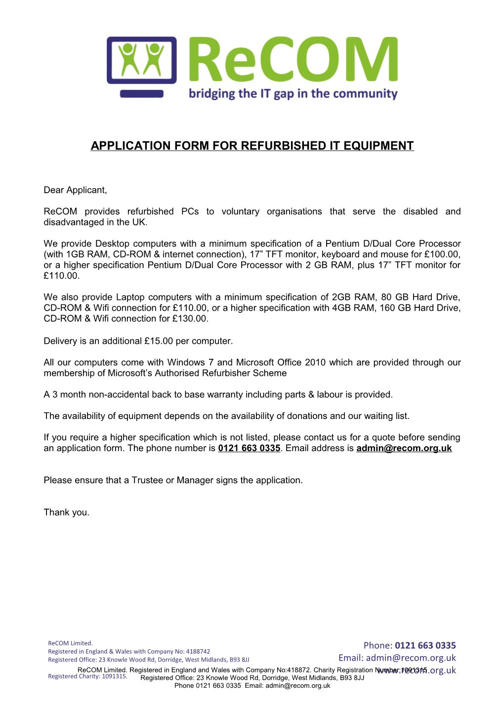 Application Form for Refurbished It Equipment