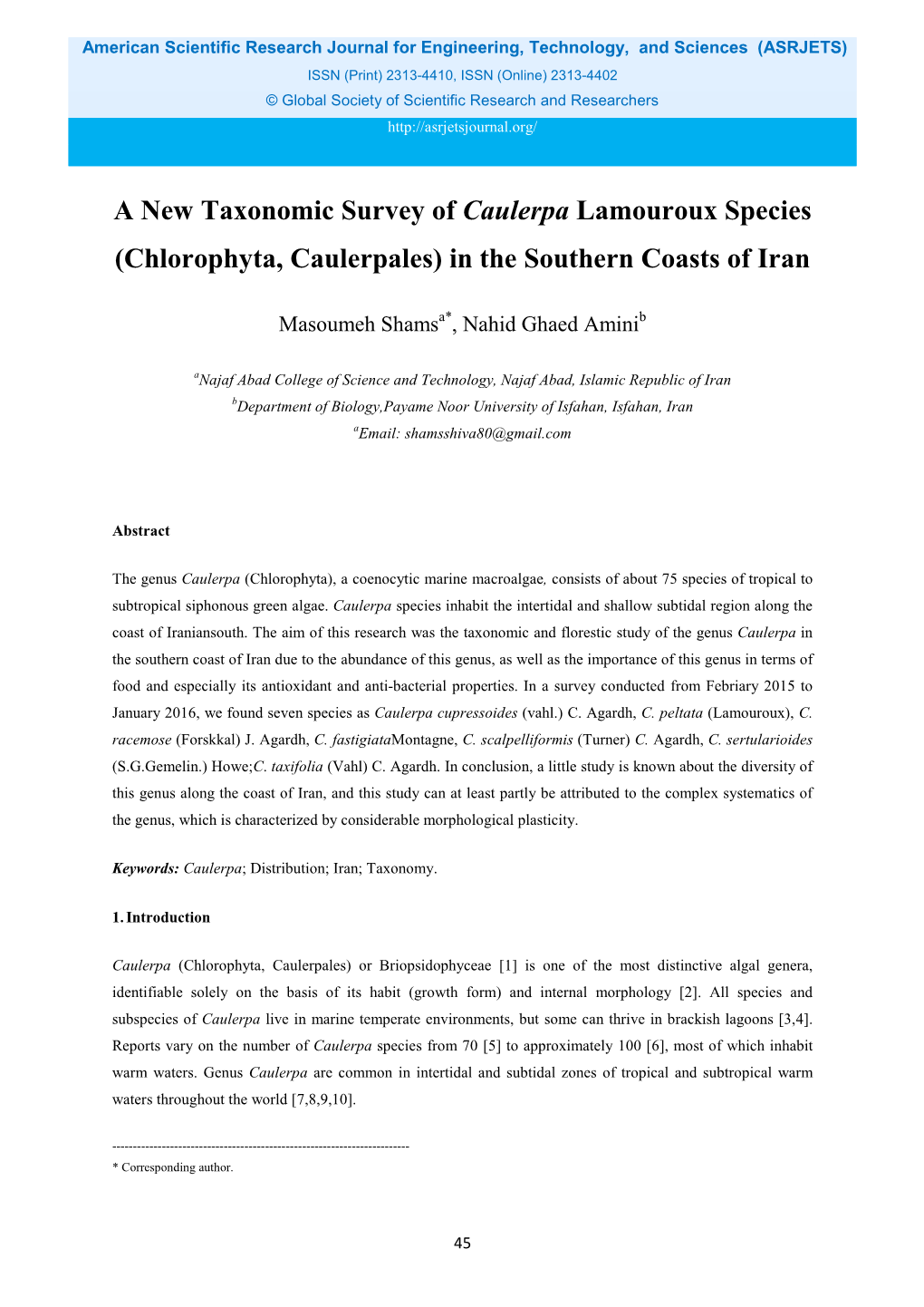 A New Taxonomic Survey of Caulerpa Lamouroux Species (Chlorophyta, Caulerpales) in the Southern Coasts of Iran