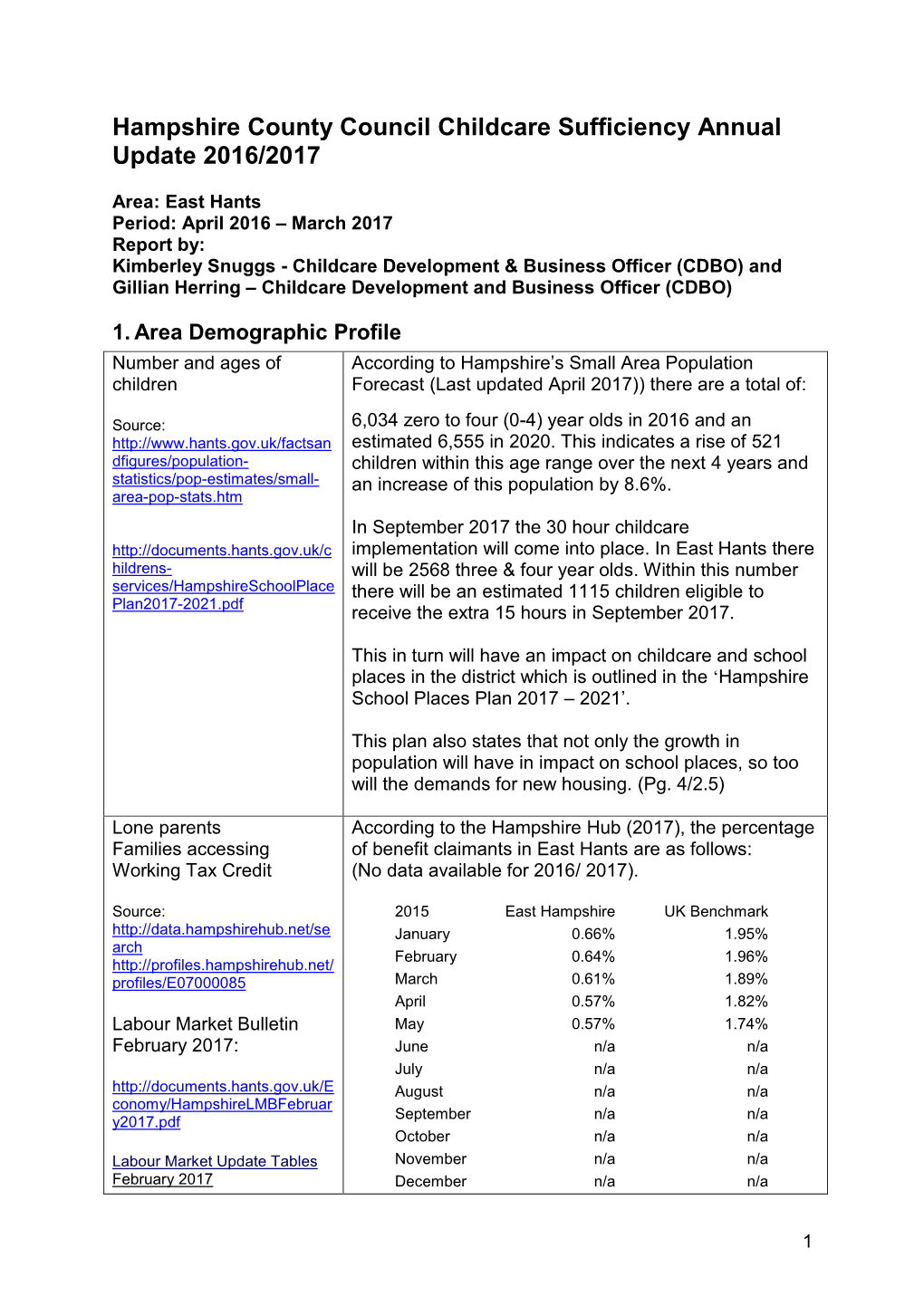 Hampshire County Council Childcare Sufficiency Annual Update 2016/2017