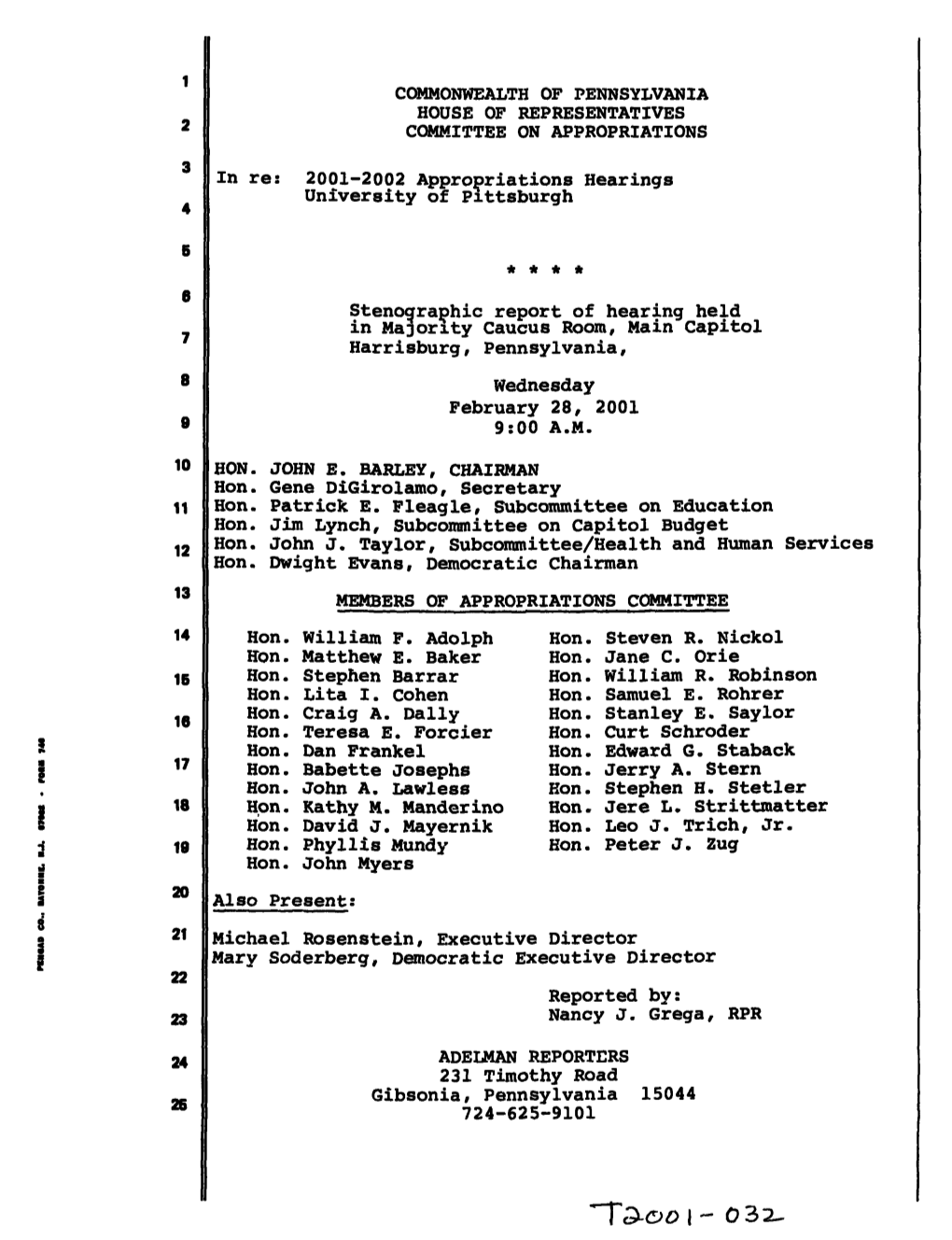 2001-2002 Appropriations Hearings University of Pittsburgh