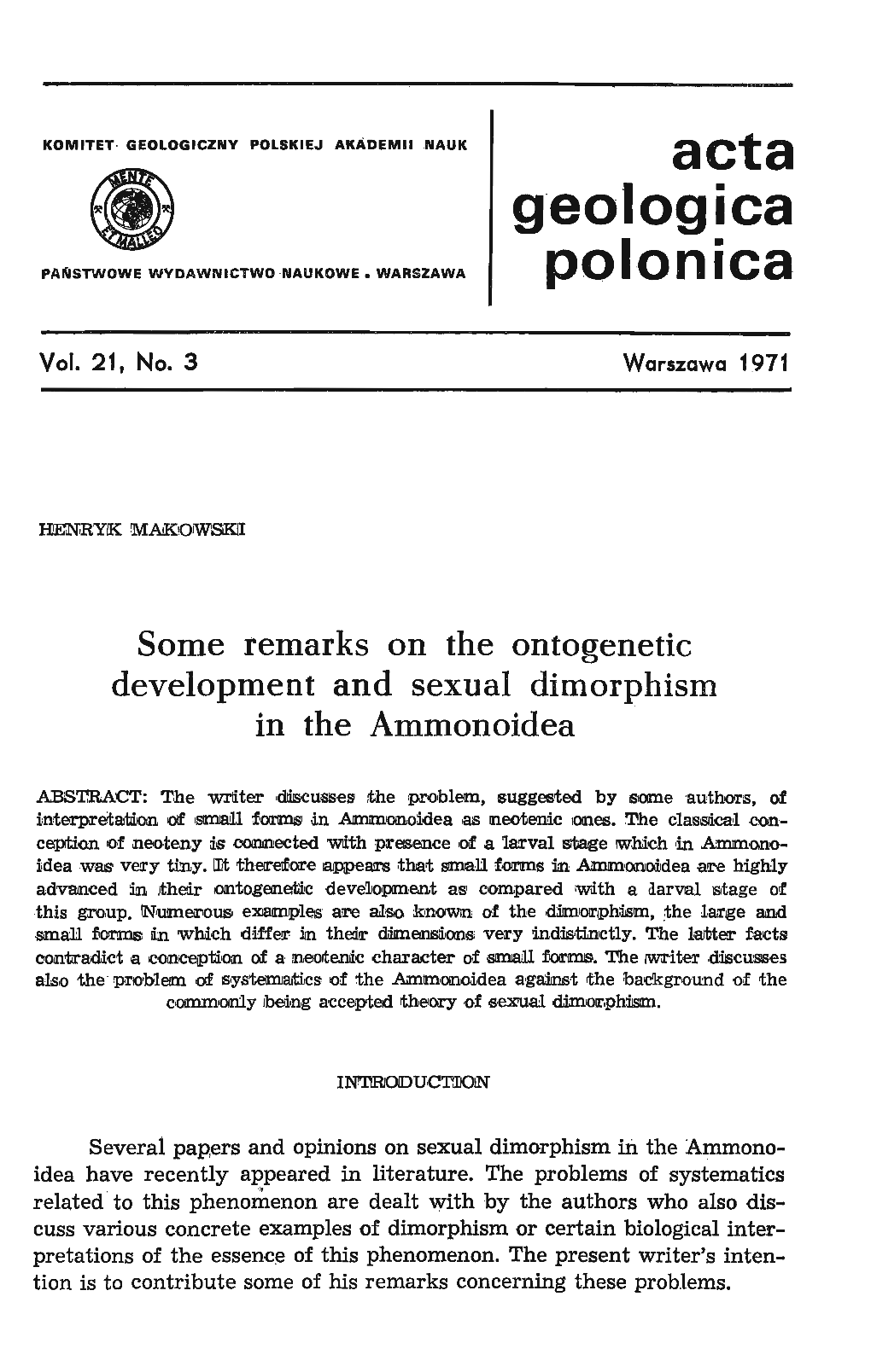 Some Remarks on the Ontogenetic Development and Sexual Dimorphism in the Ammonoidea