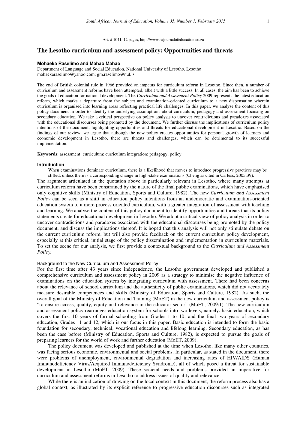 The Lesotho Curriculum and Assessment Policy: Opportunities and Threats