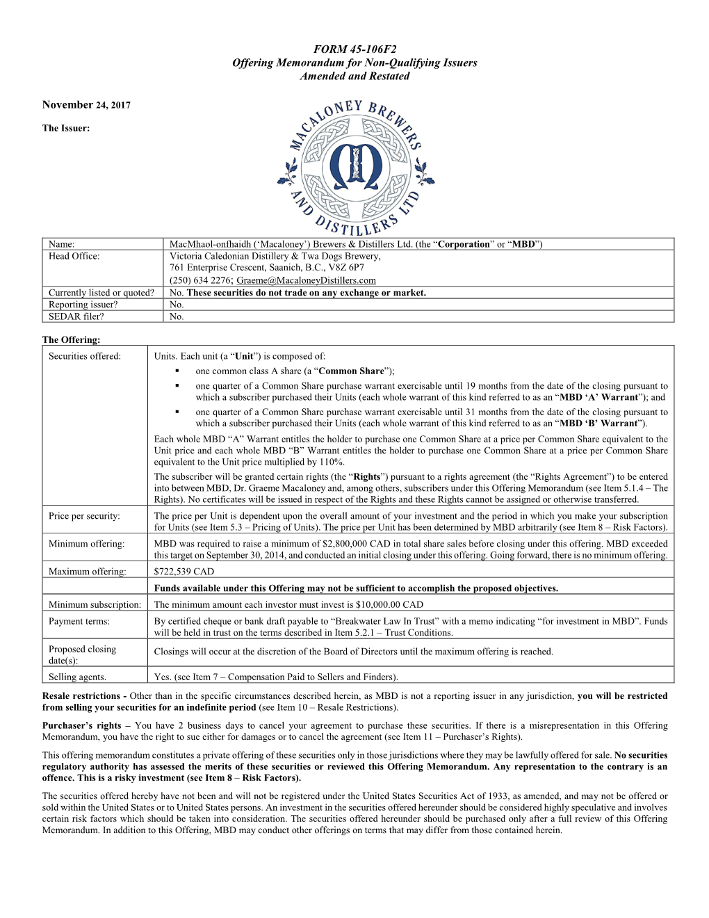 FORM 45-106F2 Offering Memorandum for Non-Qualifying Issuers Amended and Restated