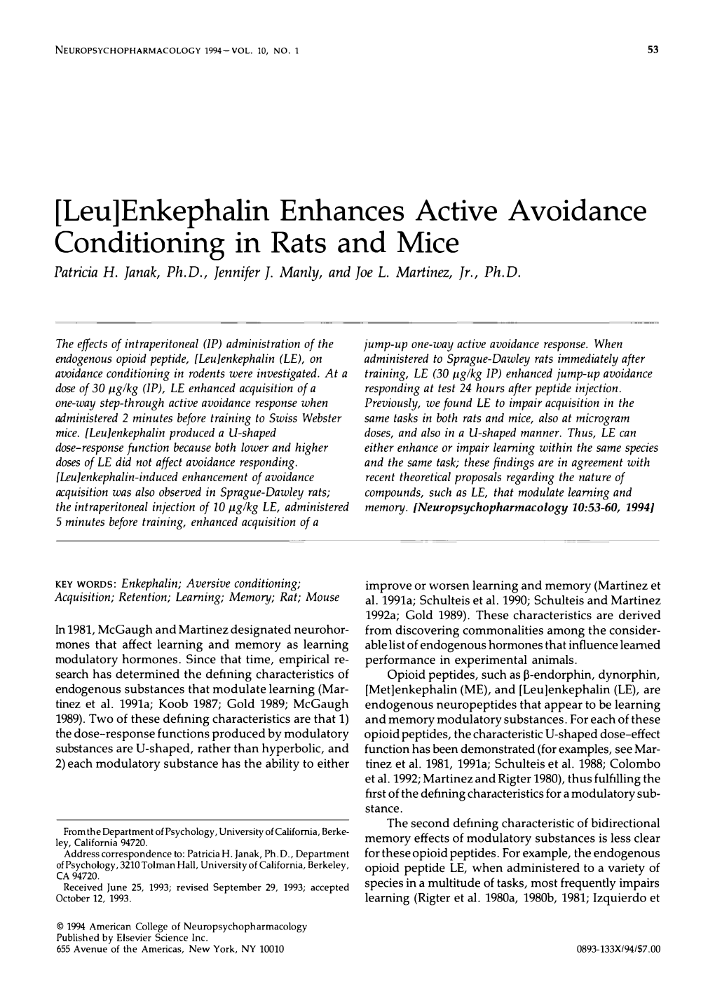 [Leu ] Enkephalin Enhances Active Avoidance Conditioning in Rats and Mice Patricia H