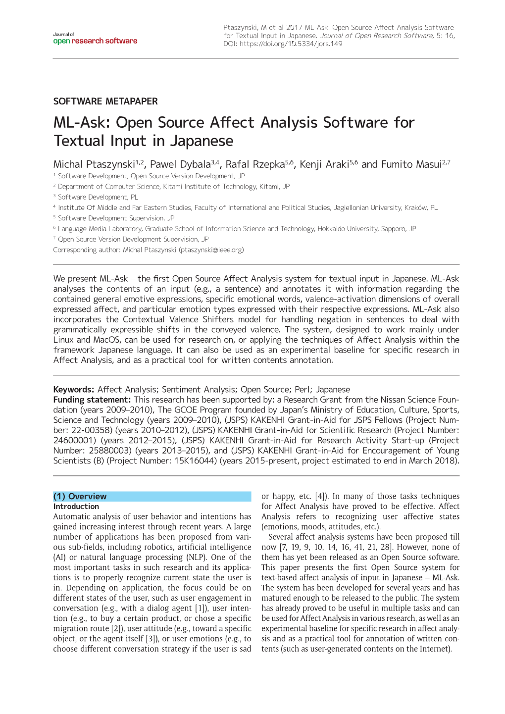 ML-Ask: Open Source Affect Analysis Software for Textual Input In