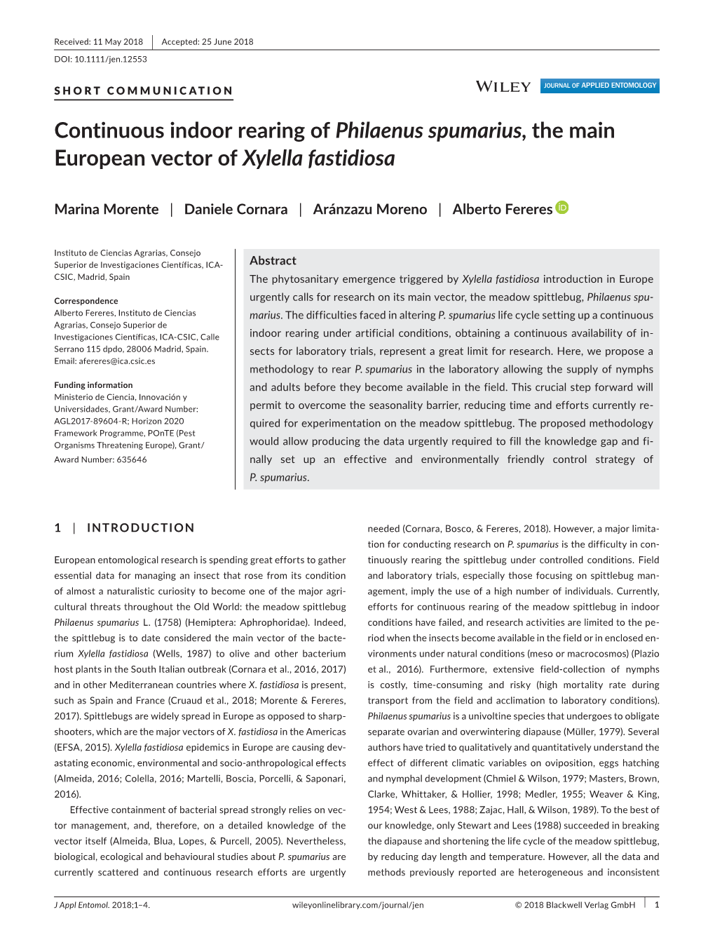 Continuous Indoor Rearing of Philaenus Spumarius, the Main European Vector of Xylella Fastidiosa